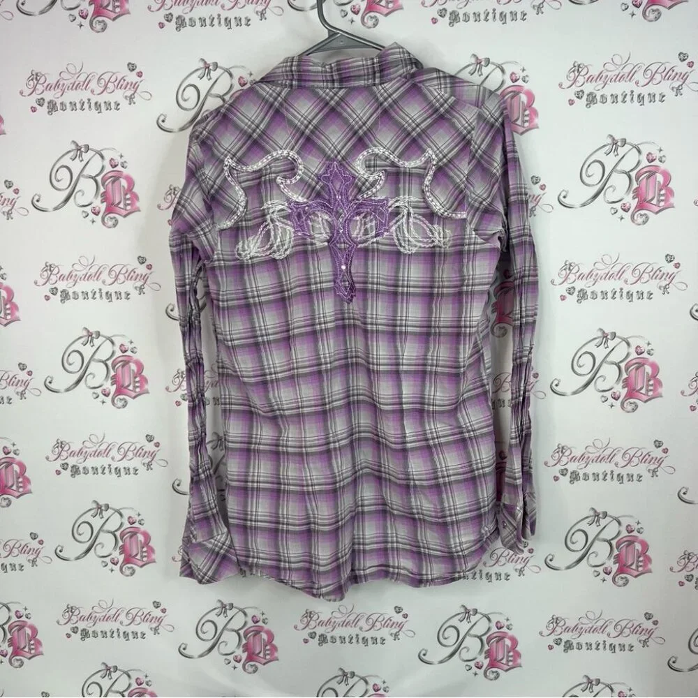 Rock 47 by Wrangler button down embroidery cross back Purple Plaid Casual Shirt